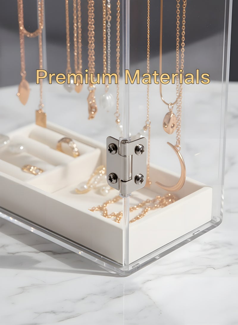 بيوينتي حامل عقد، منظم مجوهرات أكريليكي مع 24 خطافًا، منظم دوراني لعرض العقود والأساور وصواني المجوهرات ورف تعليق لتخزين الأقراط والخواتم. - Image 5