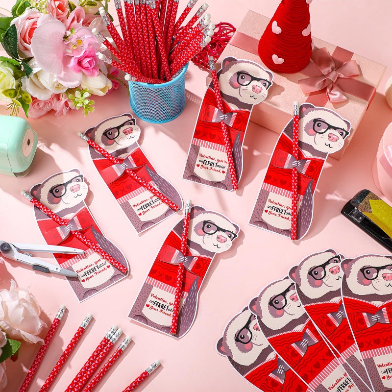 Dunzoom 36 Sets Ferret Valentine's Day Cards Exchange Gifts for Kids 36 Heart Pencils with Eraser Punny Ferret Valentine Cards Valentines Day Pencil for School Prize Classroom Gifts Party Favor - Image 3