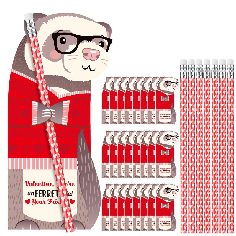 Dunzoom 36 Sets Ferret Valentine's Day Cards Exchange Gifts for Kids 36 Heart Pencils with Eraser Punny Ferret Valentine Cards Valentines Day Pencil for School Prize Classroom Gifts Party Favor - Image 1
