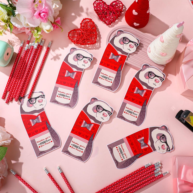 Dunzoom 36 Sets Ferret Valentine's Day Cards Exchange Gifts for Kids 36 Heart Pencils with Eraser Punny Ferret Valentine Cards Valentines Day Pencil for School Prize Classroom Gifts Party Favor - Image 4