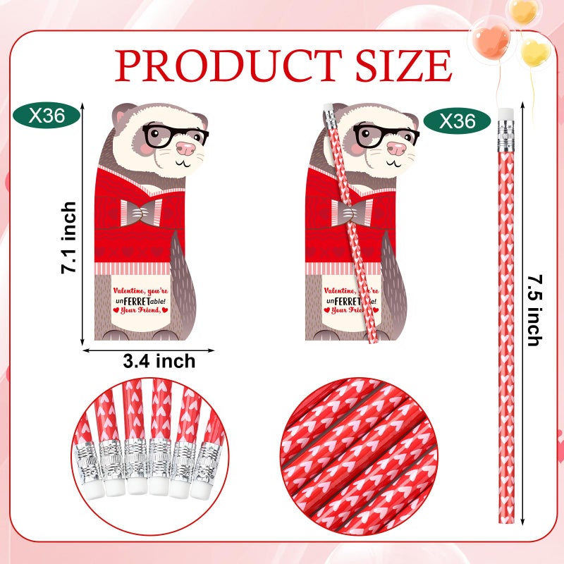 Dunzoom 36 Sets Ferret Valentine's Day Cards Exchange Gifts for Kids 36 Heart Pencils with Eraser Punny Ferret Valentine Cards Valentines Day Pencil for School Prize Classroom Gifts Party Favor - Image 2