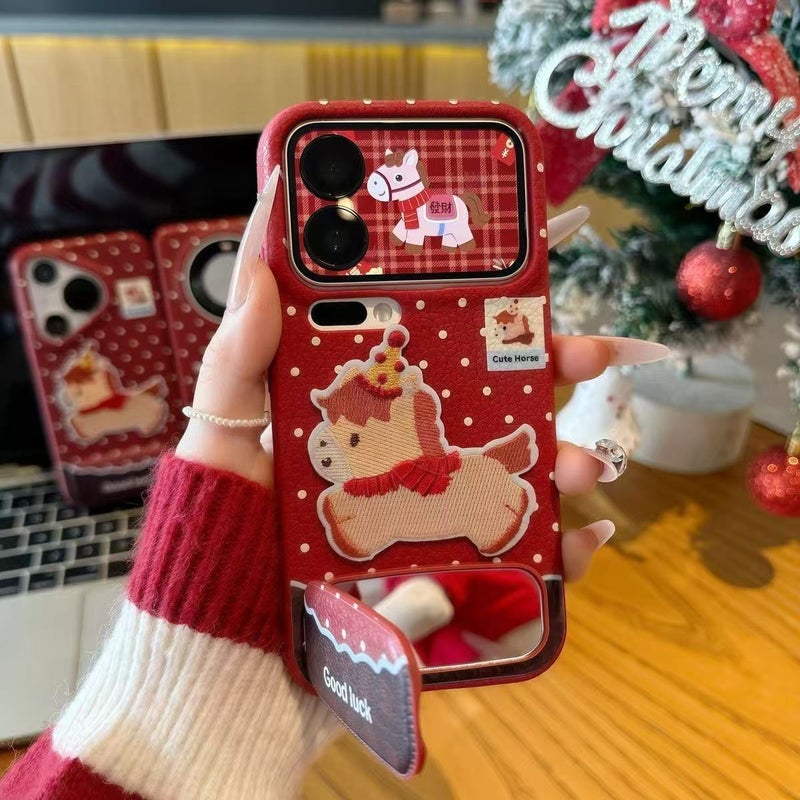 WU New Year Embroidered Pony Leather Pattern Phone Case with Stand for iPhone 17/16/15 Pro Max, Vivo, Huawei - Image 2