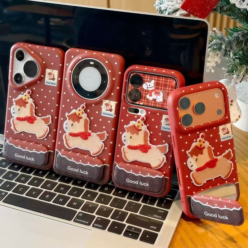 WU New Year Embroidered Pony Leather Pattern Phone Case with Stand for iPhone 17/16/15 Pro Max, Vivo, Huawei - Image 1