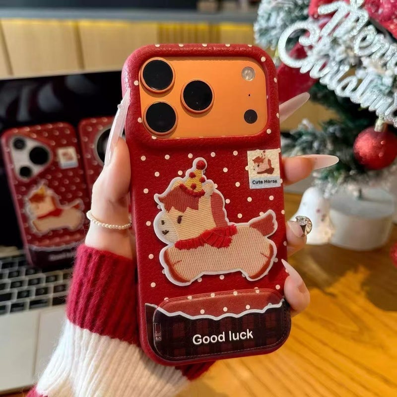 WU New Year Embroidered Pony Leather Pattern Phone Case with Stand for iPhone 17/16/15 Pro Max, Vivo, Huawei - Image 4