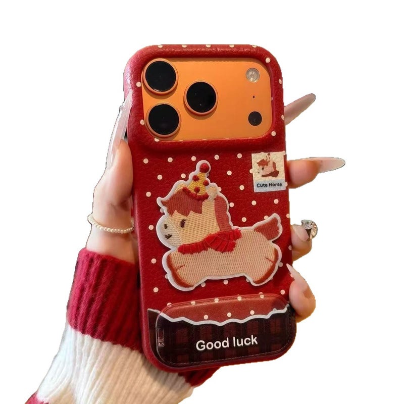 WU New Year Embroidered Pony Leather Pattern Phone Case with Stand for iPhone 17/16/15 Pro Max, Vivo, Huawei - Image 5
