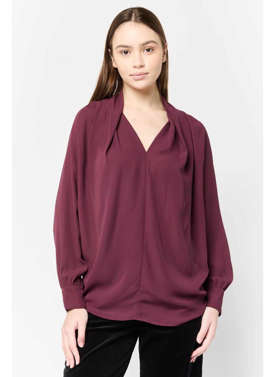 Harmont & Blaine Women V-Neck Long Sleeve Solid Shirt, Maroon  - Image 1