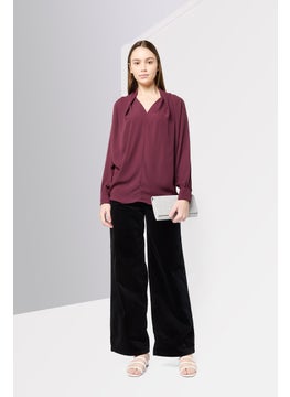 Harmont & Blaine Women V-Neck Long Sleeve Solid Shirt, Maroon  - Image 2