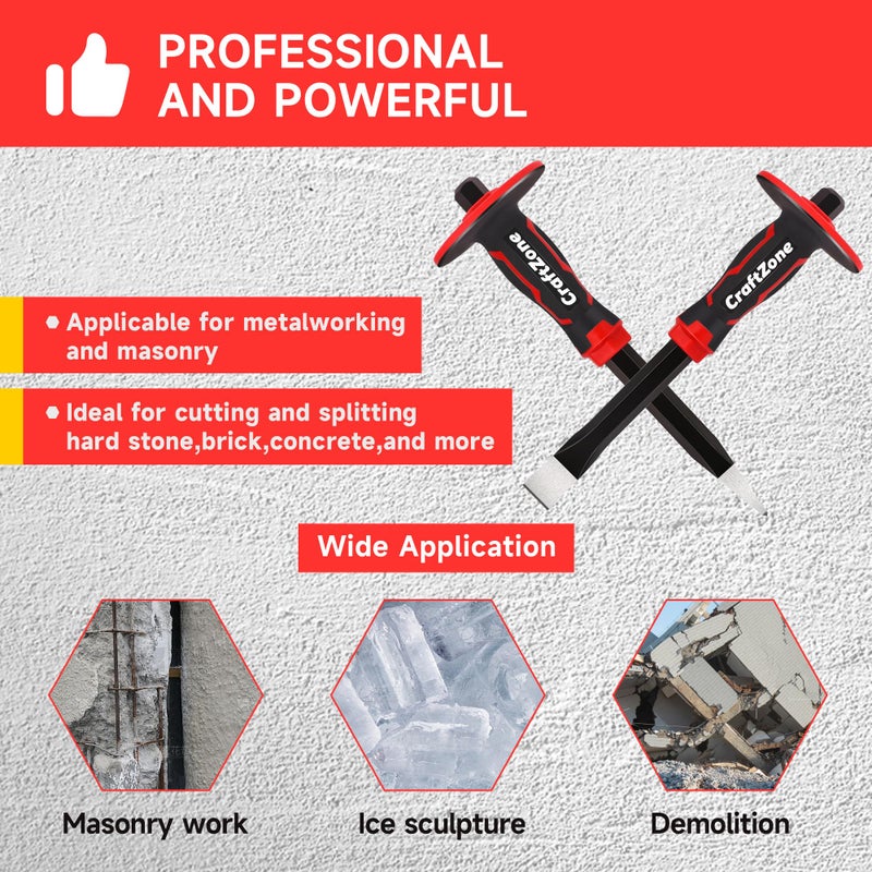 CRAFTZONE Masonry Chisel Set - 2-Piece Heavy Duty Pointed & Flat Rock Chisels, Concrete Stone Chisel with Hand Protection for Brick Breaking Carving Splitting Cutting Mason Tools - Image 2