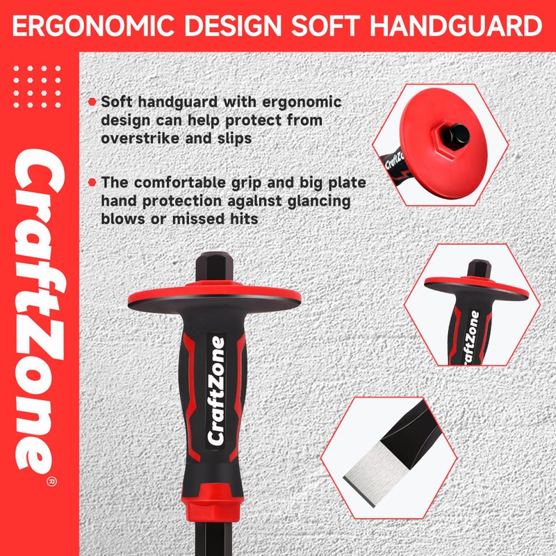 CRAFTZONE Masonry Chisel Set - 2-Piece Heavy Duty Pointed & Flat Rock Chisels, Concrete Stone Chisel with Hand Protection for Brick Breaking Carving Splitting Cutting Mason Tools - Image 4