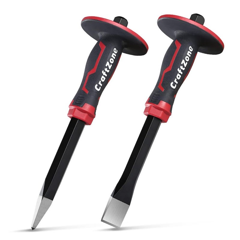 CRAFTZONE Masonry Chisel Set - 2-Piece Heavy Duty Pointed & Flat Rock Chisels, Concrete Stone Chisel with Hand Protection for Brick Breaking Carving Splitting Cutting Mason Tools - Image 1