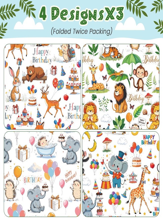 Pineraap Animal Wrapping Paper 12 Sheets Jungle Animal Themed Gift Wrap Elephant, Lion, Zebra, and Safari Animal Party Designs, Happy Birthday Gift Packing Paper for Birthday Party, 20"x28" - Image 2