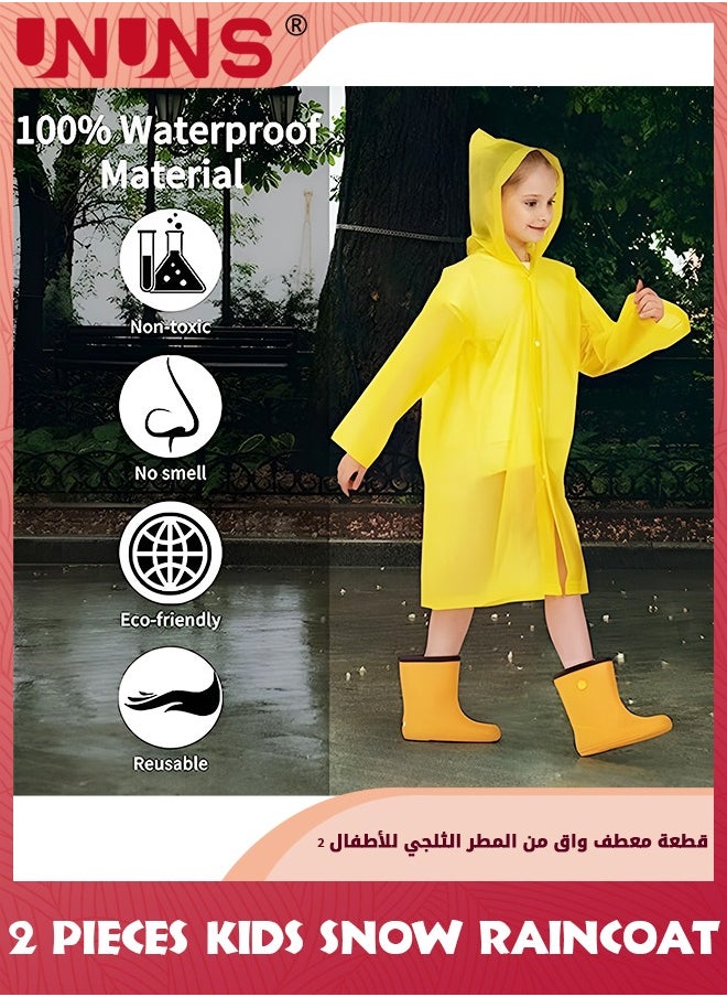 UNUNS - Kids Raincoat,2 Pcs Kids Waterproof Thick Rain Ponchos For Kids,Reusable Emergency Rain Coats For Boys Girls,Kids Snow Rainwear Jacket with Hood and Drawstring,Portable EVA Rain Jacket,Yellow - Image 1