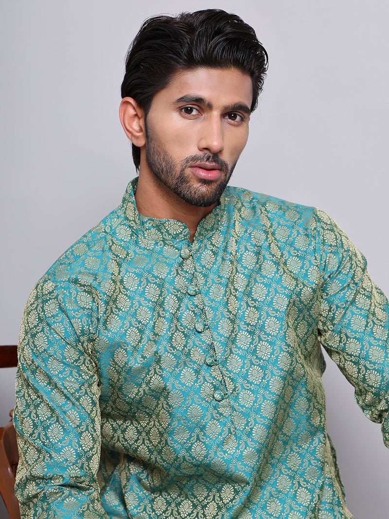 NOZ2TOZ Jacquard Kurta for Men in Green - Image 1