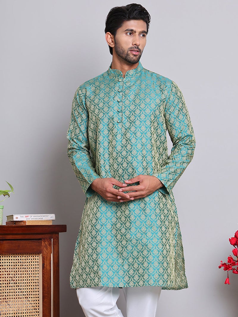 NOZ2TOZ Jacquard Kurta for Men in Green - Image 5
