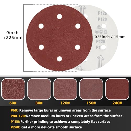TolleSonne 50pcs 9 inch 6 Hole Sanding Discs Set -10 Each of 60 80 120 150 240 Grits, 9" Hook and Loop Adhesive Sandpaper for Drywall Sander - Image 2