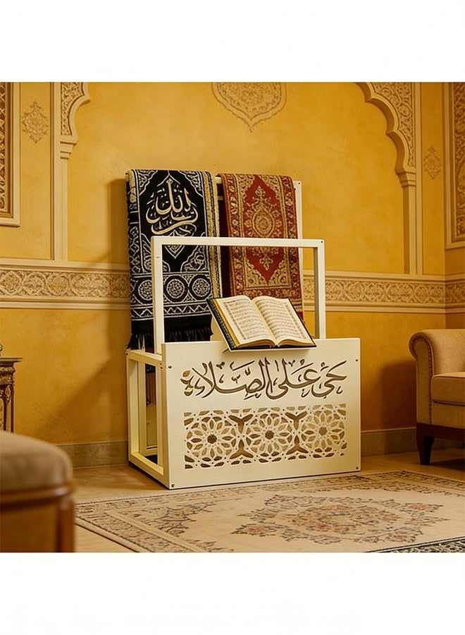 رف أوشحة ورف سجاد - رف تخزين إسلامي أنيق منحوت باللون الأبيض للمصحف وسجادات الصلاة والمناشف وديكور منزلي هندسي - Image 4