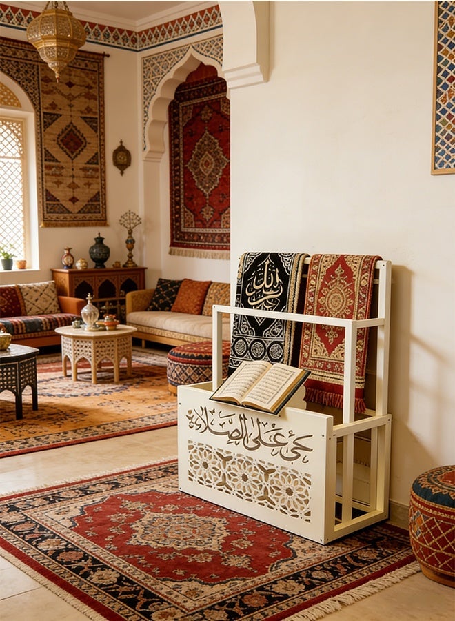 رف أوشحة ورف سجاد - رف تخزين إسلامي أنيق منحوت باللون الأبيض للمصحف وسجادات الصلاة والمناشف وديكور منزلي هندسي - Image 3