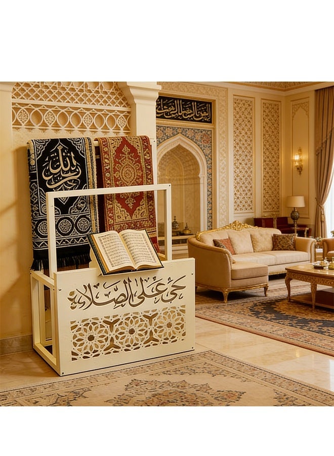 رف أوشحة ورف سجاد - رف تخزين إسلامي أنيق منحوت باللون الأبيض للمصحف وسجادات الصلاة والمناشف وديكور منزلي هندسي - Image 5