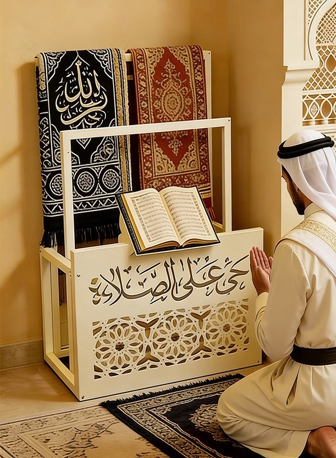 رف أوشحة ورف سجاد - رف تخزين إسلامي أنيق منحوت باللون الأبيض للمصحف وسجادات الصلاة والمناشف وديكور منزلي هندسي - Image 1