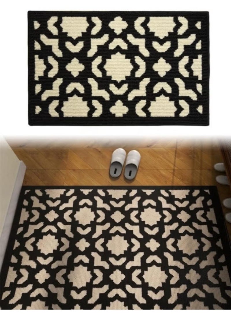 The elegant black and beige geometric pattern entrance carpet is perfect for home entrances. Waterproof and stain resistant fabric, machine washable, easy to care for. The anti slip design keeps the mat in place, making it an ideal choice for high flow areas. Suitable for entrance doors, balconies, bedrooms, bathrooms, and kitchens - Image 1