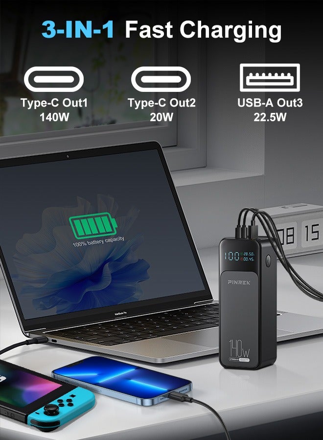 بينريك بنك طاقة 27000 مللي أمبير/ساعة PD140W، شاحن محمول للكمبيوتر المحمول USB C ， شاشة رقمية ذكية، شاحن محمول سريع الشحن مع شاحن كمبيوتر محمول بـ 3 منافذ للكمبيوتر المحمول لجهاز MacBook Pro/Air Asus ROG Huawei Xiaomi iPhone 16 15 سلسلة Galaxy S25 S25 S24 Ultra iPad AirPods والمزيد من الأجهزة الإلكترونية، تصميم آمن أثناء السفر (مع كابل 140W من النوع C) - Image 2