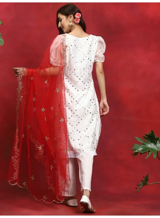 AKS White Embroidered Kurta & Pant With Net Zari Work Dupatta