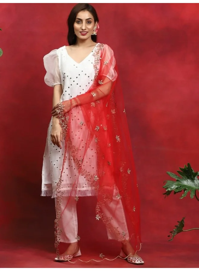 AKS White Embroidered Kurta & Pant With Net Zari Work Dupatta