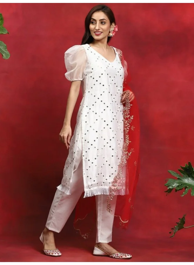 AKS White Embroidered Kurta & Pant With Net Zari Work Dupatta
