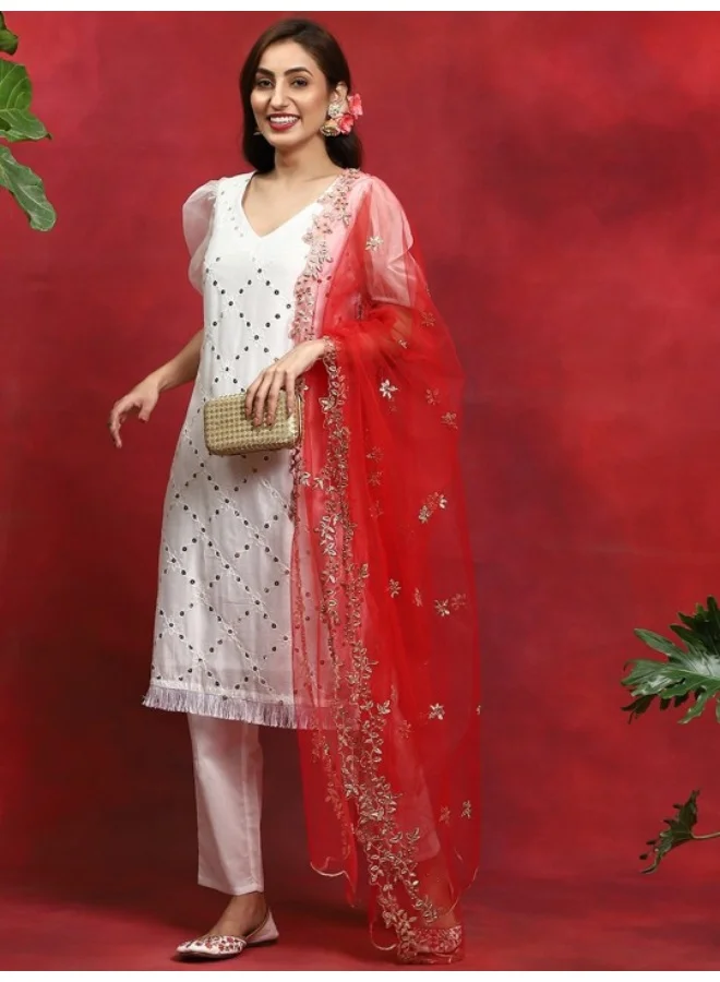 AKS White Embroidered Kurta & Pant With Net Zari Work Dupatta