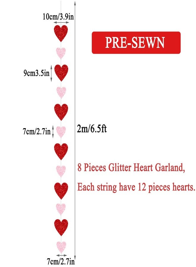 PTFNY 8 Pack Valentine's Day Glitter Heart Garland Red Pink Glittery Valentines Day Heart Hanging String Garland Banner Valentines Party Decorations for Engagement Bachelorette Wedding - Image 2
