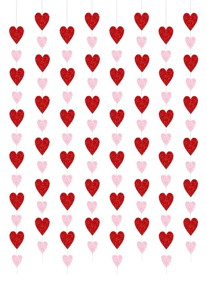 PTFNY 8 Pack Valentine's Day Glitter Heart Garland Red Pink Glittery Valentines Day Heart Hanging String Garland Banner Valentines Party Decorations for Engagement Bachelorette Wedding - Image 1