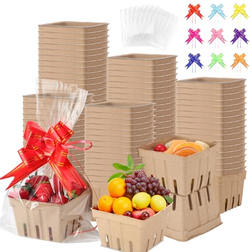 Yaomiao 100 Pcs Natural Pulp Fiber Berry Basket with 100 Clear Plastic Bag 100 Colorful Pull Bow Farmers Market Harvest Basket Berry Strawberry Containers for Birthday Gift Wrapping - Image 2