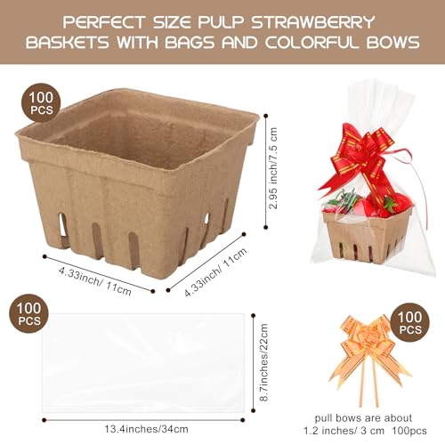 Yaomiao 100 Pcs Natural Pulp Fiber Berry Basket with 100 Clear Plastic Bag 100 Colorful Pull Bow Farmers Market Harvest Basket Berry Strawberry Containers for Birthday Gift Wrapping - Image 5