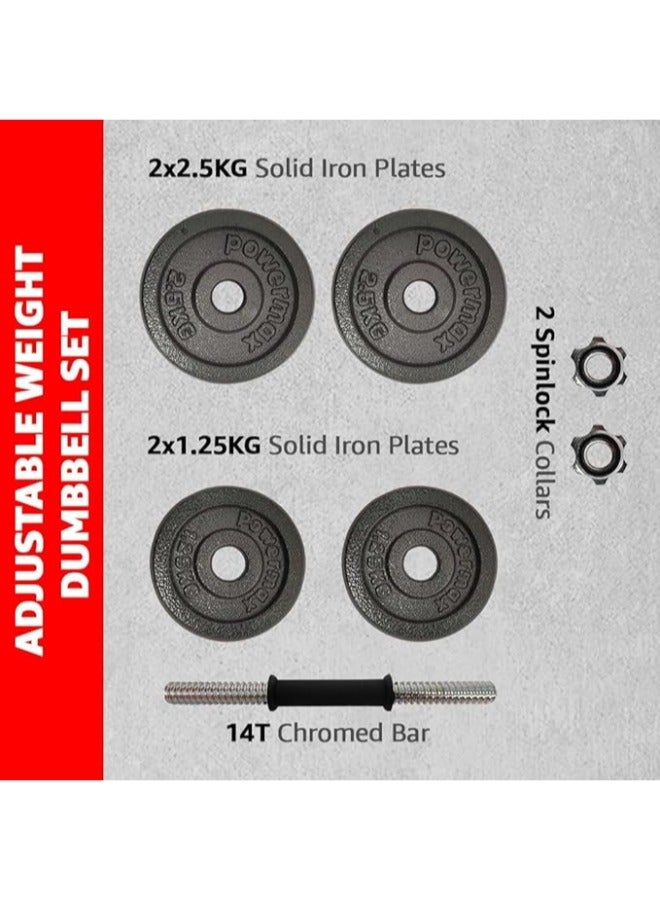 PowerMax Fitness Fitness Pds-10Kg Adjustable Dumbbell Set - Coated Iron Dumbbell And Anti-Slip Rod Set For Home Workout With Carry Case - Image 2
