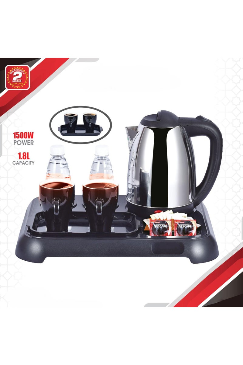 erorex Hotel Electric Kettle Beverage Station with Tray Two Mugs Bottled Water and Nescafe Sachets - Image 1