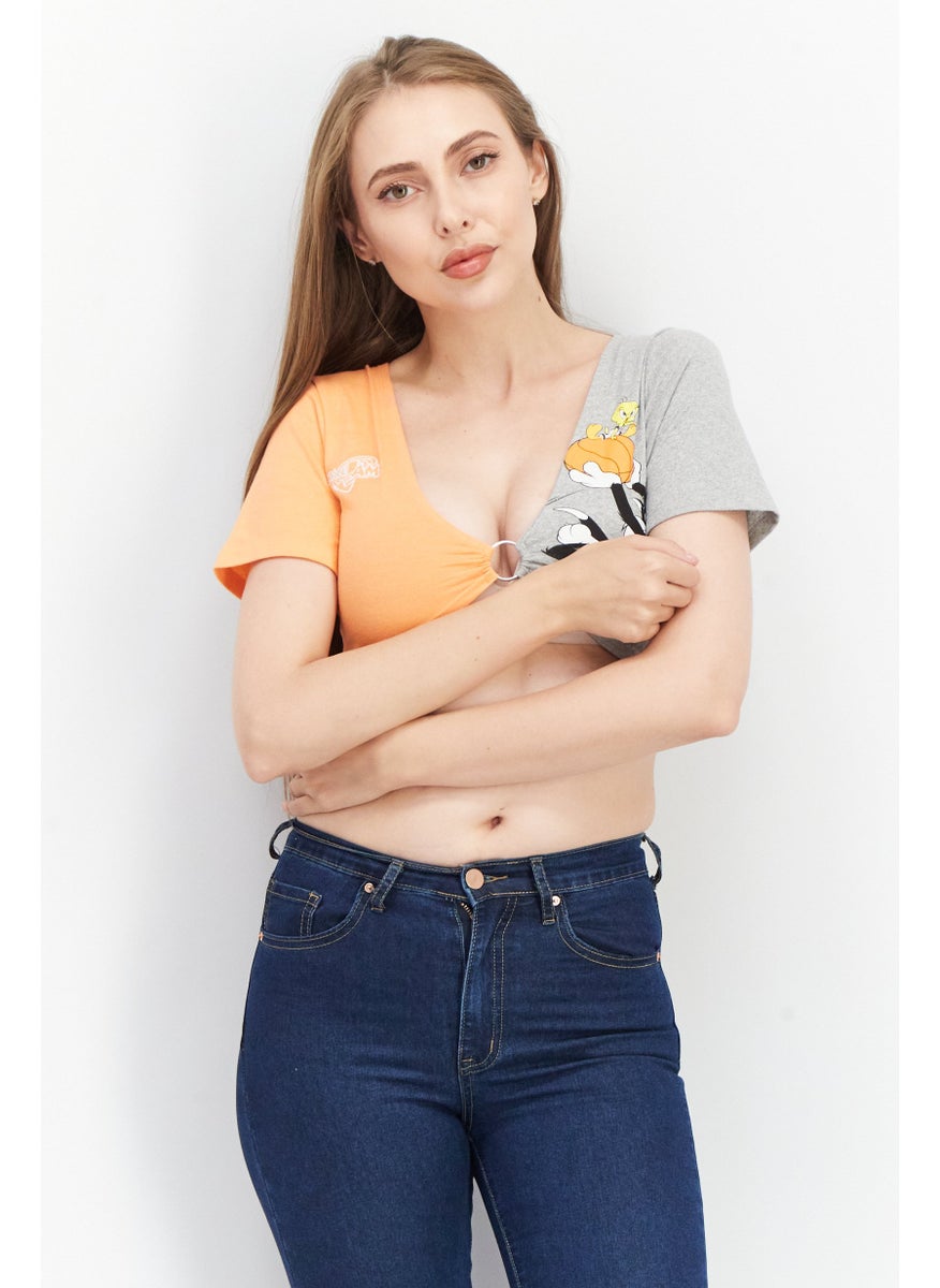 Space Jam Women Keyhole Neck Short Sleeve Embroidered Logo Crop Top, Grey  - Image 1