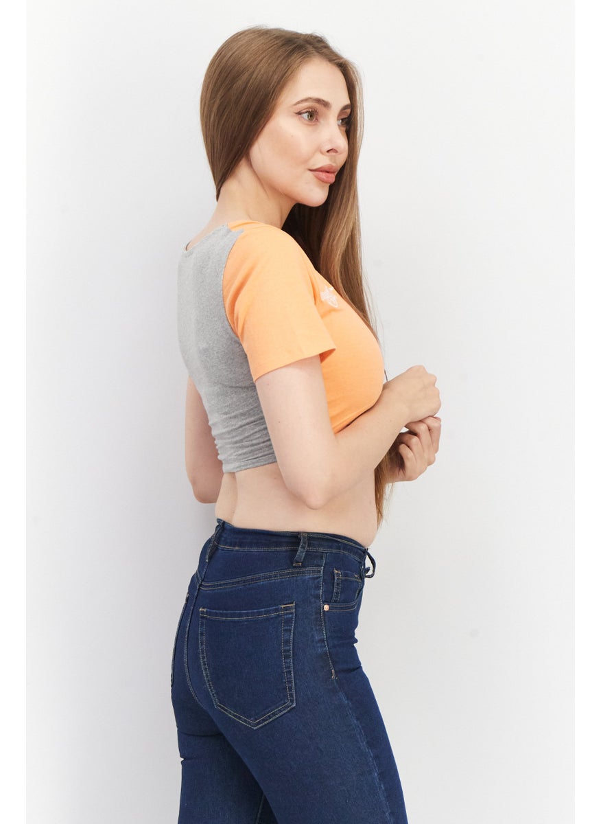 Space Jam Women Keyhole Neck Short Sleeve Embroidered Logo Crop Top, Grey  - Image 3