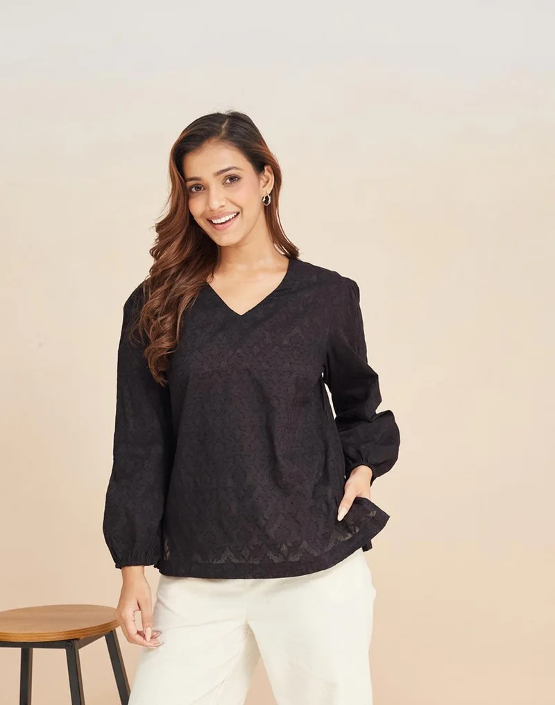 Fabindia Black Cotton Cutwork Top