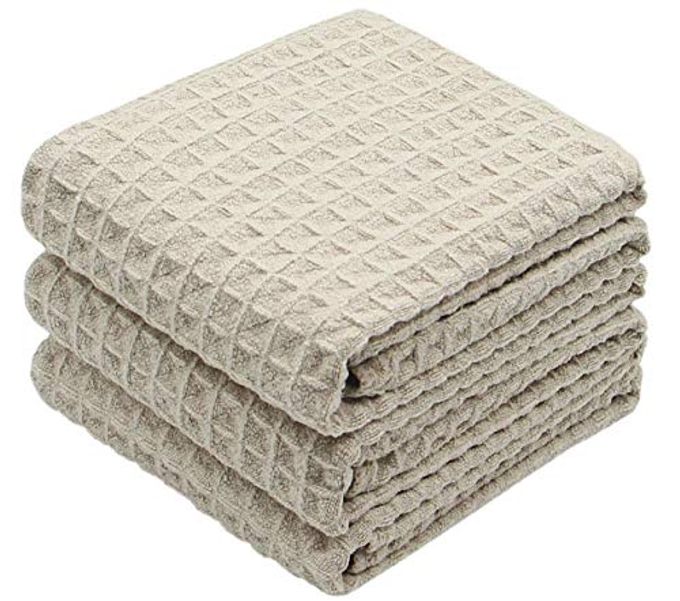WAFFLE WEAVE ABSORBENT KITCHEN DISH TOWELS THICK MICROFIBER 16INCH X 24INCH 3 PACK KHAKI