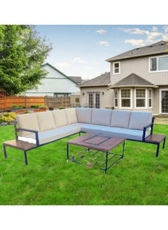 Mardod Saudi Outdoor Set of Iron and European Wood Consisting of an L-shaped Corner Sofa with Two Built-in Side Tables + a Coffee Table in the Middle - Beige/Black - MS_SET_MTL_00019