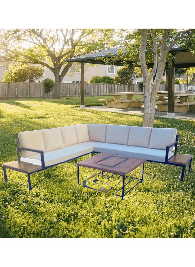 Generic - Mardod Saudi Outdoor Set of Iron and European Wood Consisting of an L-shaped Corner Sofa with Two Built-in Side Tables + a Coffee Table in the Middle - Beige/Black - MS_SET_MTL_00019 - Image 1