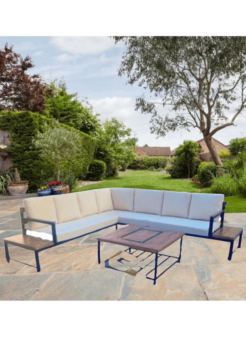 Generic - Mardod Saudi Outdoor Set of Iron and European Wood Consisting of an L-shaped Corner Sofa with Two Built-in Side Tables + a Coffee Table in the Middle - Beige/Black - MS_SET_MTL_00019 - Image 1