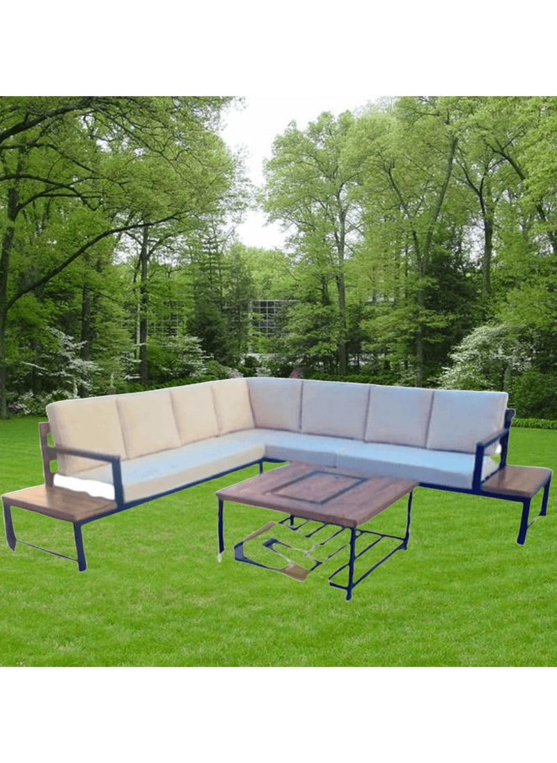 Generic - Mardod Saudi Outdoor Set of Iron and European Wood Consisting of an L-shaped Corner Sofa with Two Built-in Side Tables + a Coffee Table in the Middle - Beige/Black - MS_SET_MTL_00019 - Image 1