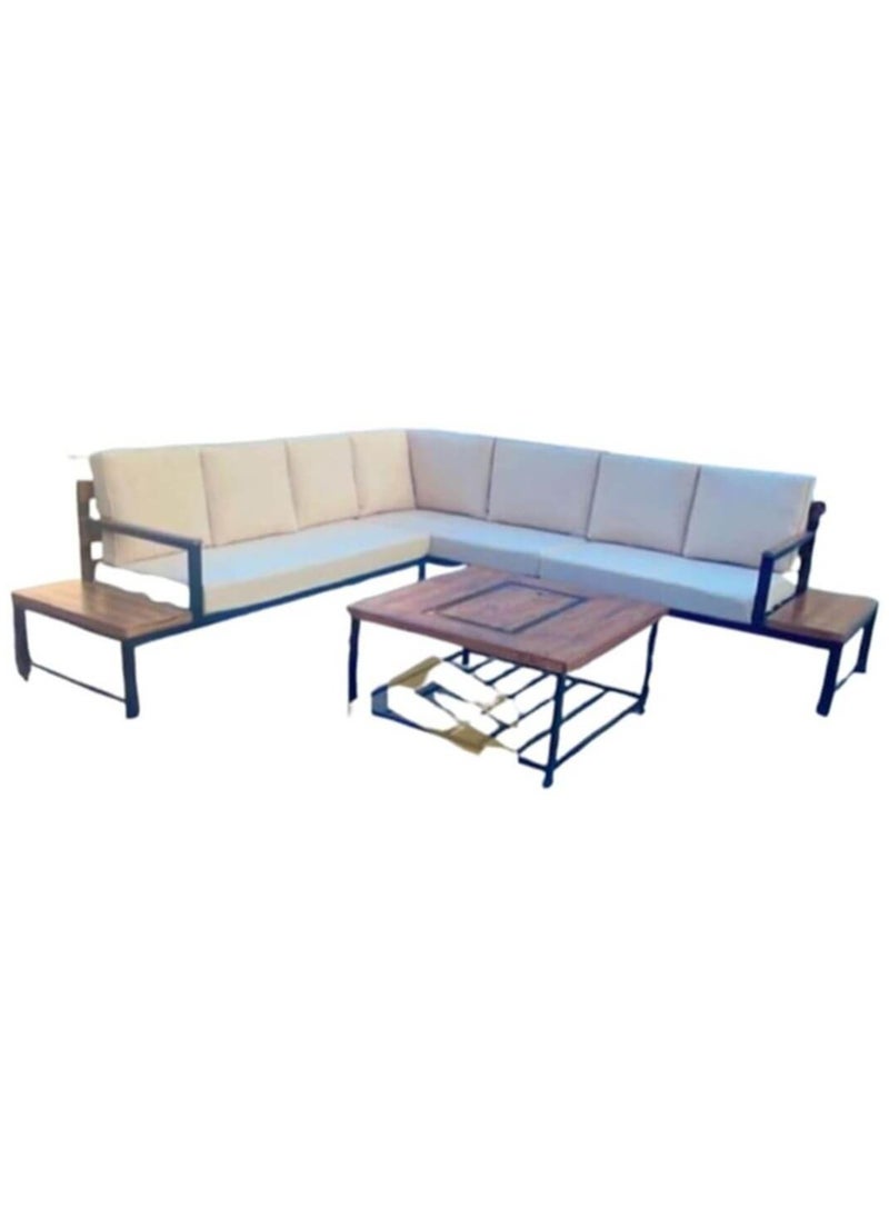 Generic - Mardod Saudi Outdoor Set of Iron and European Wood Consisting of an L-shaped Corner Sofa with Two Built-in Side Tables + a Coffee Table in the Middle - Beige/Black - MS_SET_MTL_00019 - Image 1