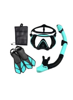 Mask Fin Snorkel Set with Adult Snorkeling Gear, Panoramic View Diving Mask, Trek Fin, Dry Top +Travel Bags, Package for Lap Swimming BLACK GREEN