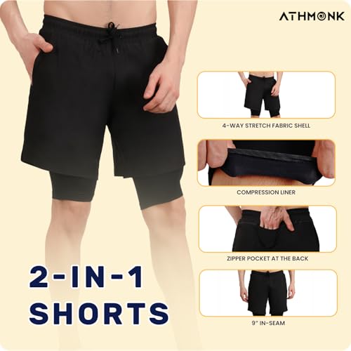 Athmonk 2in1 Hybrid Workout Shorts for Men and Women - Active Wear Running Shorts Tights for Sports Gym - Hidden Mobile Pocket & Zipper Back Pocket - with Double Inner Compression Liner - Black, S - Image 2
