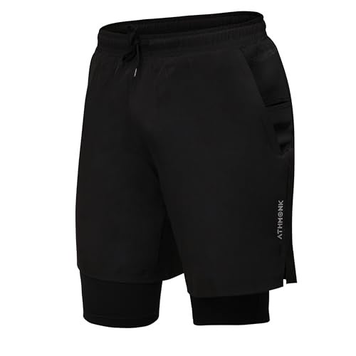 Athmonk 2in1 Hybrid Workout Shorts for Men and Women - Active Wear Running Shorts Tights for Sports Gym - Hidden Mobile Pocket & Zipper Back Pocket - with Double Inner Compression Liner - Black, S - Image 1