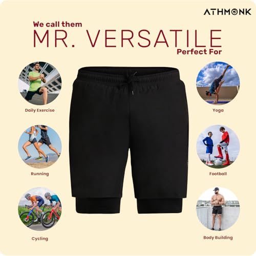 Athmonk 2in1 Hybrid Workout Shorts for Men and Women - Active Wear Running Shorts Tights for Sports Gym - Hidden Mobile Pocket & Zipper Back Pocket - with Double Inner Compression Liner - Black, S - Image 5