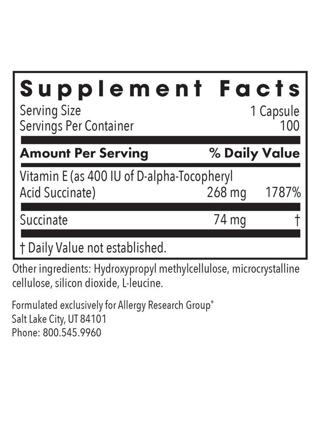 Allergy Research Group Vitamin E Succinate Supplement - for Men & Women, 400 IU D-Alpha-Tocopheryl, Antioxidant, Vegetarian Capsules - 100 Count - Image 3