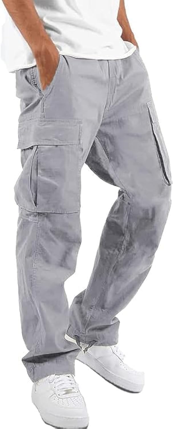 Leward Mens Cargo Casual Joggers Athletic Hiking Pants Cotton Sweatpants with Drawstring and Pockets (US, Alpha, X-Large, Big, Long, Light Grey) - Image 1